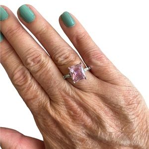 Pink Rectangular Center Stone with Rhinestone Baguettes